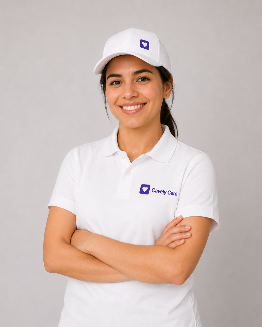 A Cavely Care helper wearing the white company polo and cap.