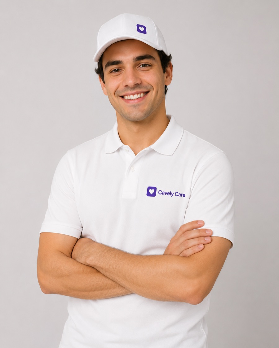 A Cavely Care helper wearing the white company polo and cap.